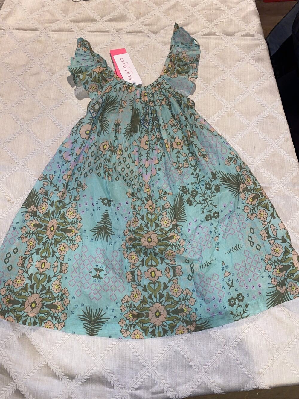 Seafolly Blueish Green Mini Me Filk Floral Multi Frill Dress Girls Size 3 NWT
